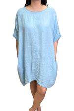 GLENDA Oversized Crochet Sleeve Linen Dress - Baby Blue
