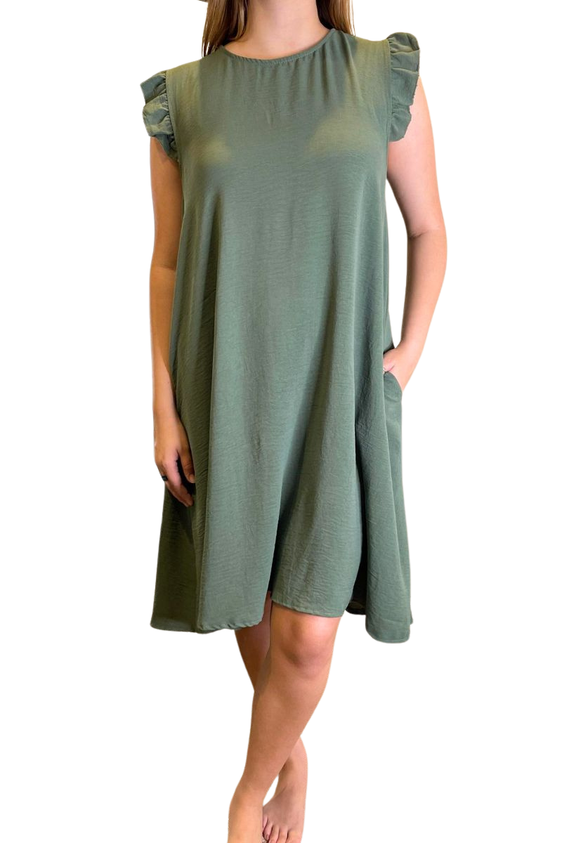 BRIDGET Plain Frill Sleeve Dress - Khaki
