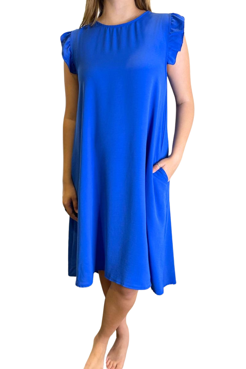BRIDGET Plain Frill Sleeve Dress - Royal Blue