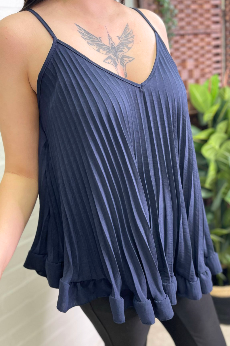 CHRISSY Pleated Vest Top - Navy