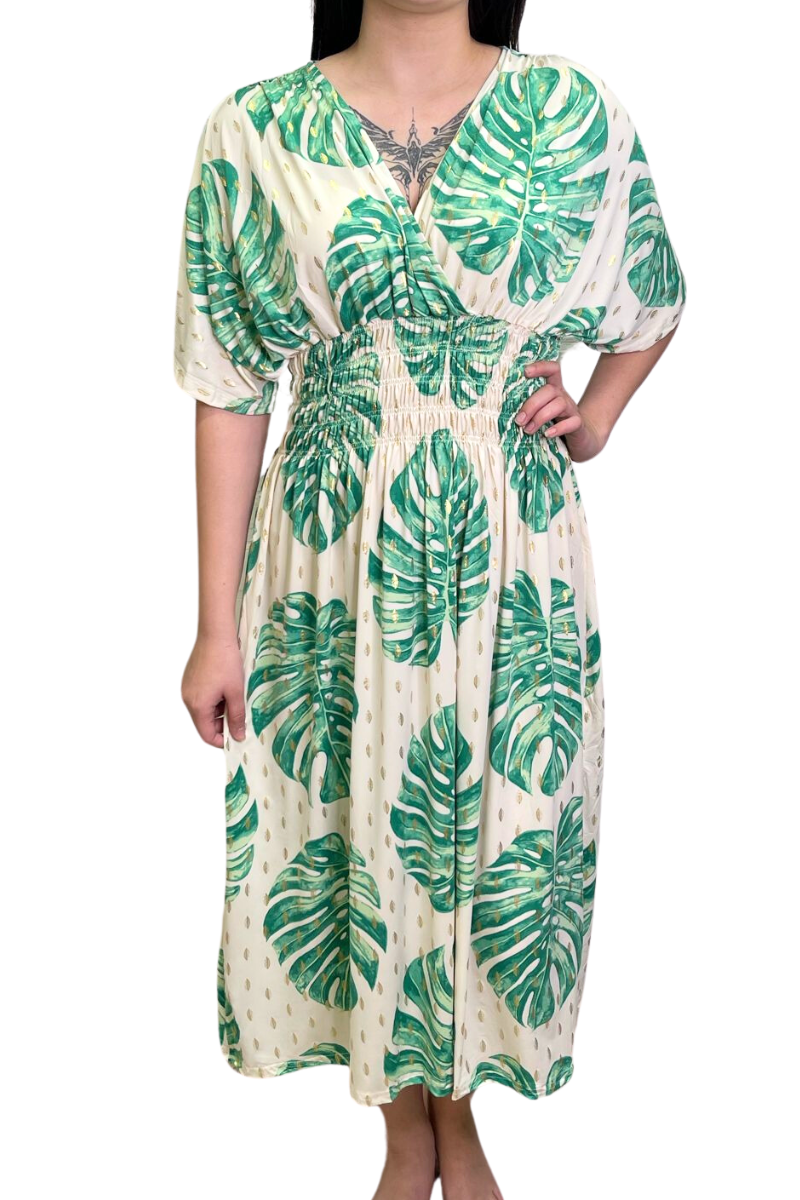 OLLA Leaf Print Midi Dress - Cream