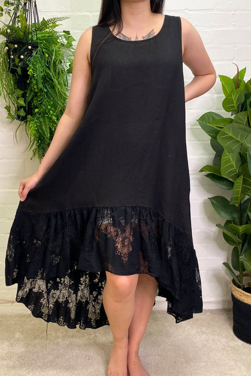 AGNES Crochet Lace Linen Dress - Black