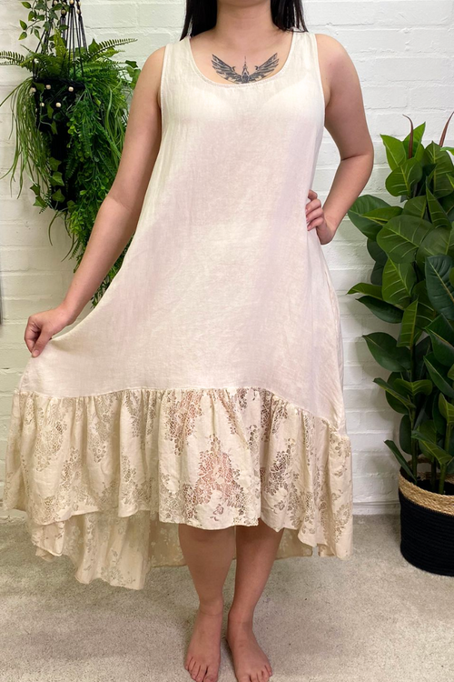 AGNES Crochet Lace Linen Dress - Beige