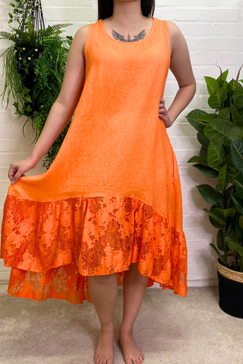 AGNES Crochet Lace Linen Dress - Orange
