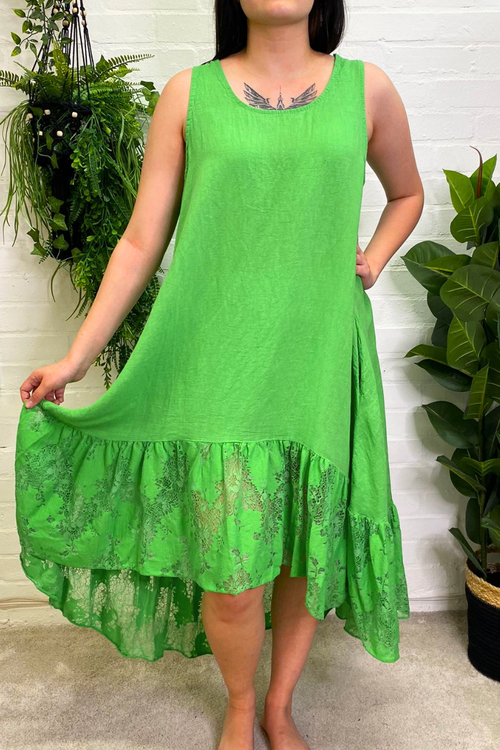 AGNES Crochet Lace Linen Dress - Green