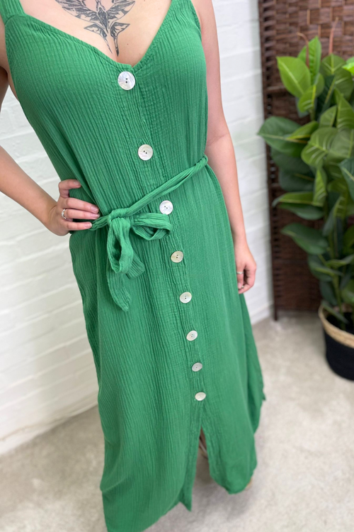 ABBY Cheesecloth Button Dress - Jade Green