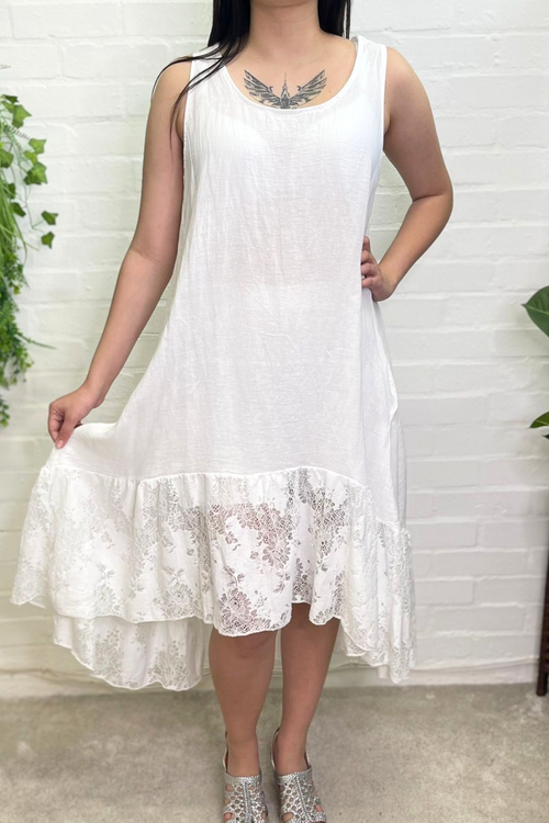 AGNES Crochet Lace Linen Dress - White