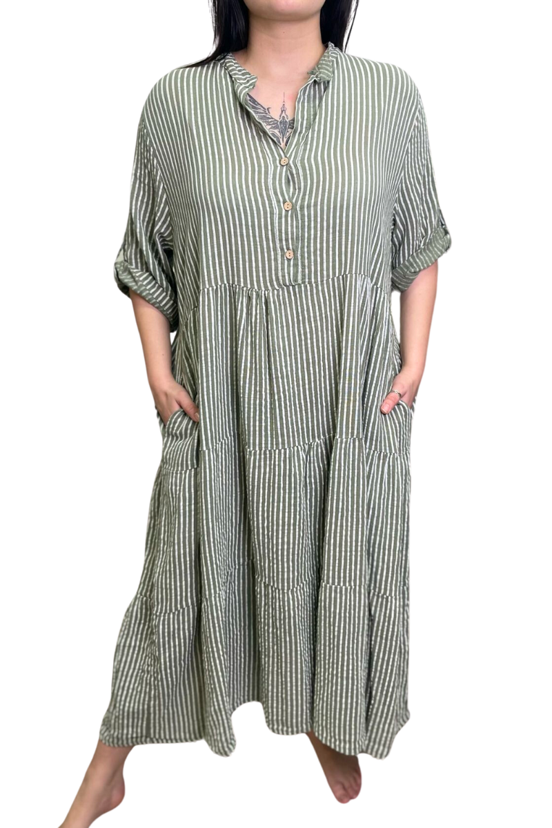 MAY Striped Tiered Midi Dress - Khaki