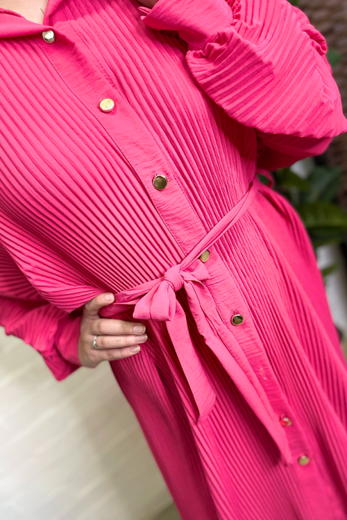 PHOEBE Pleated Shirt Dress - Fuchsia