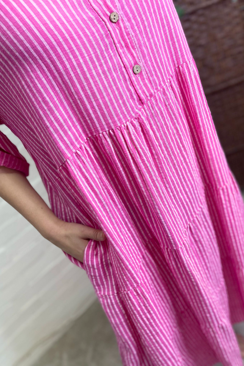 MAY Striped Tiered Midi Dress - Fuchsia