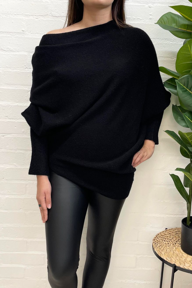 ELIZABETH Asymmetric Knitted Jumper - Black