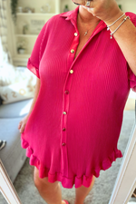 JADYN Plain Pleated Shirt Dress  - Fuchsia