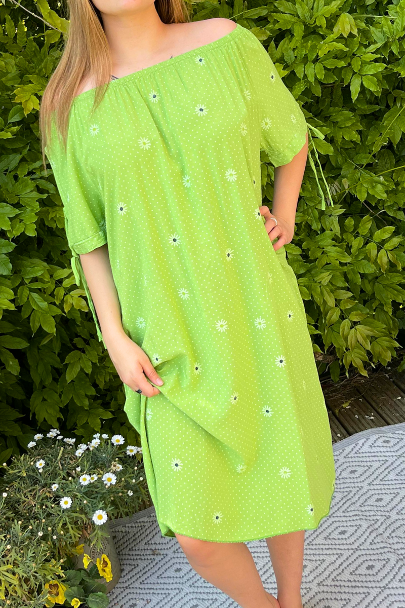 JOSIE Daisy Bardot Dress - Lime Green
