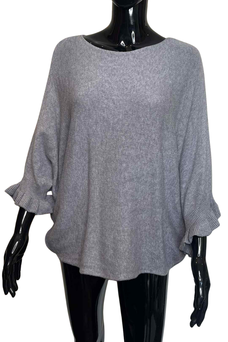 JOSIE Frill Sleeve Knit Top - Grey