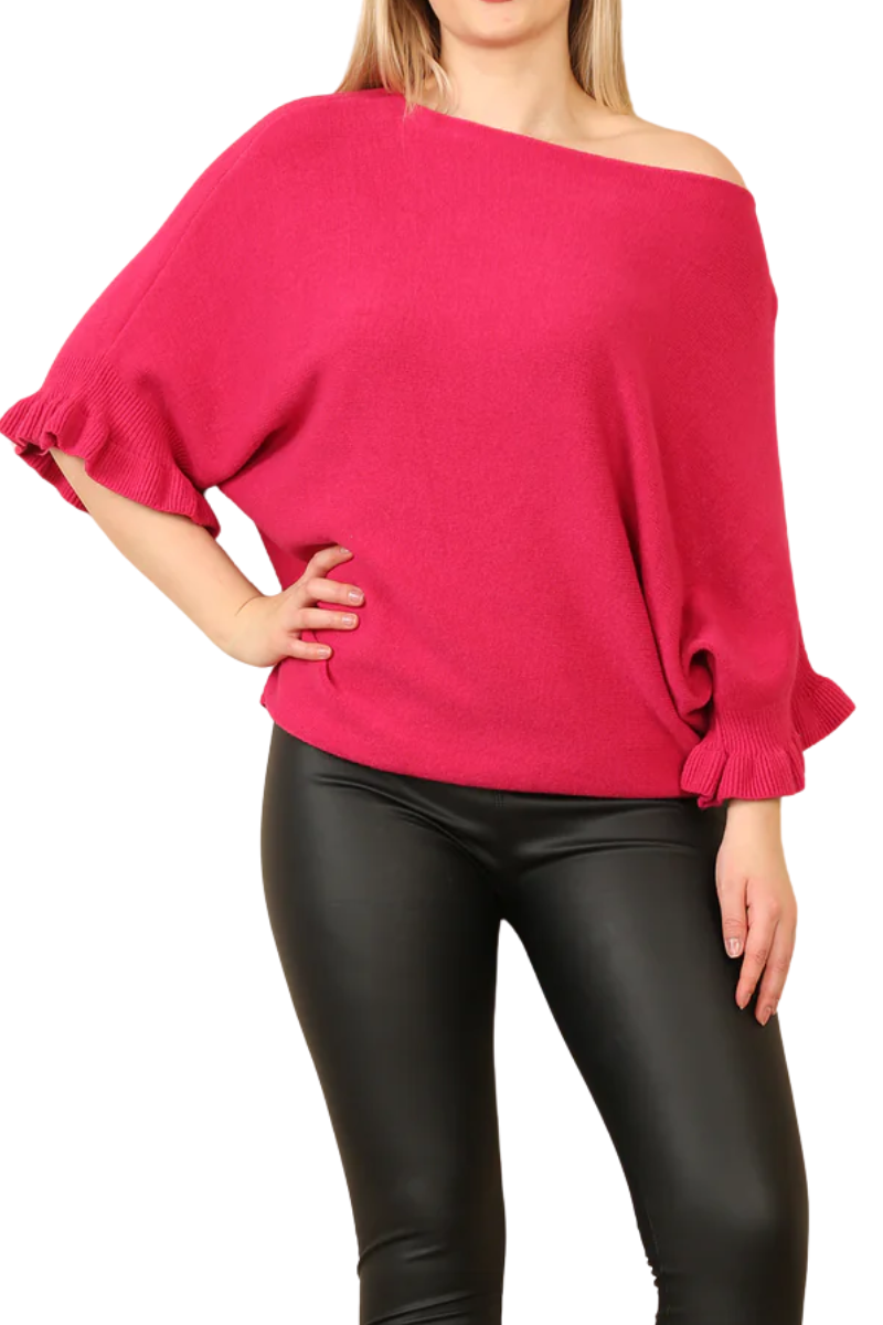 JOSIE Frill Sleeve Knit Top - Fuchsia