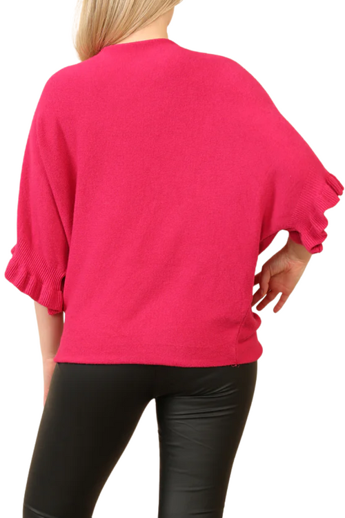 JOSIE Frill Sleeve Knit Top - Fuchsia