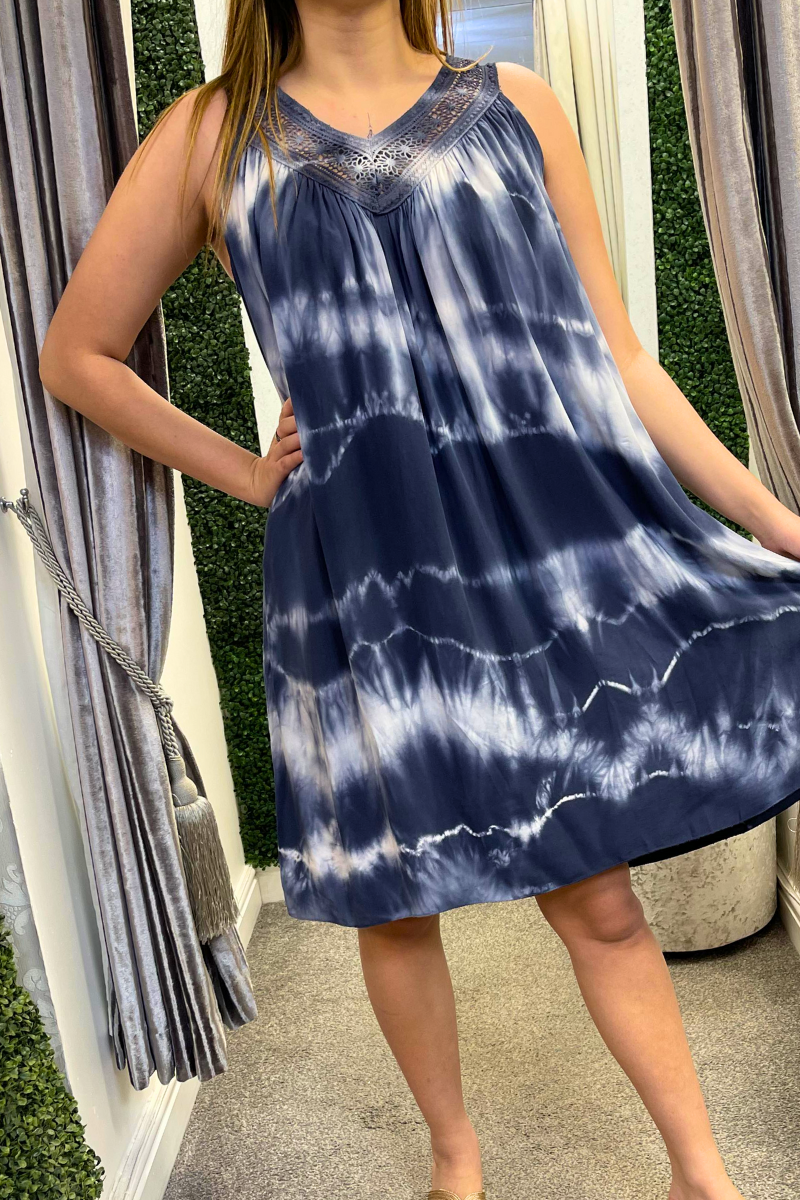 GIANA Crochet Tie-Dye Dress - Navy