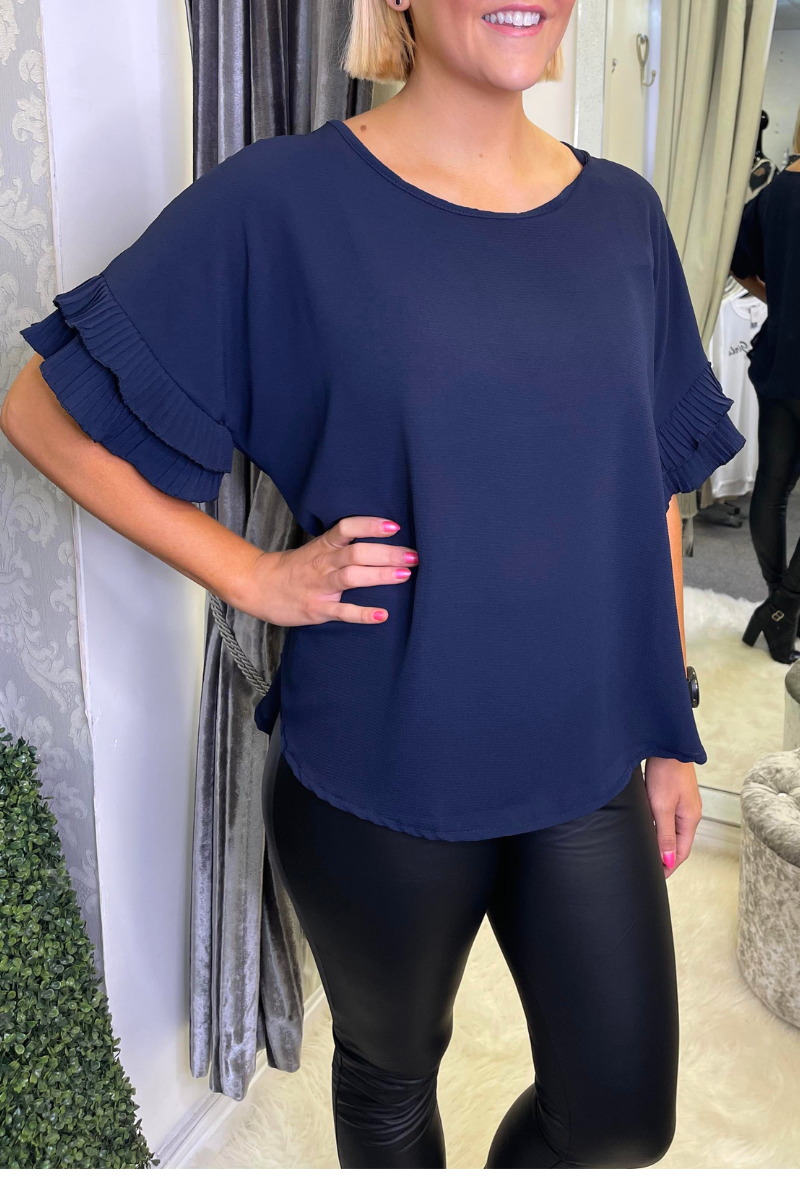 KATHRYN Frill Sleeve Top - Navy