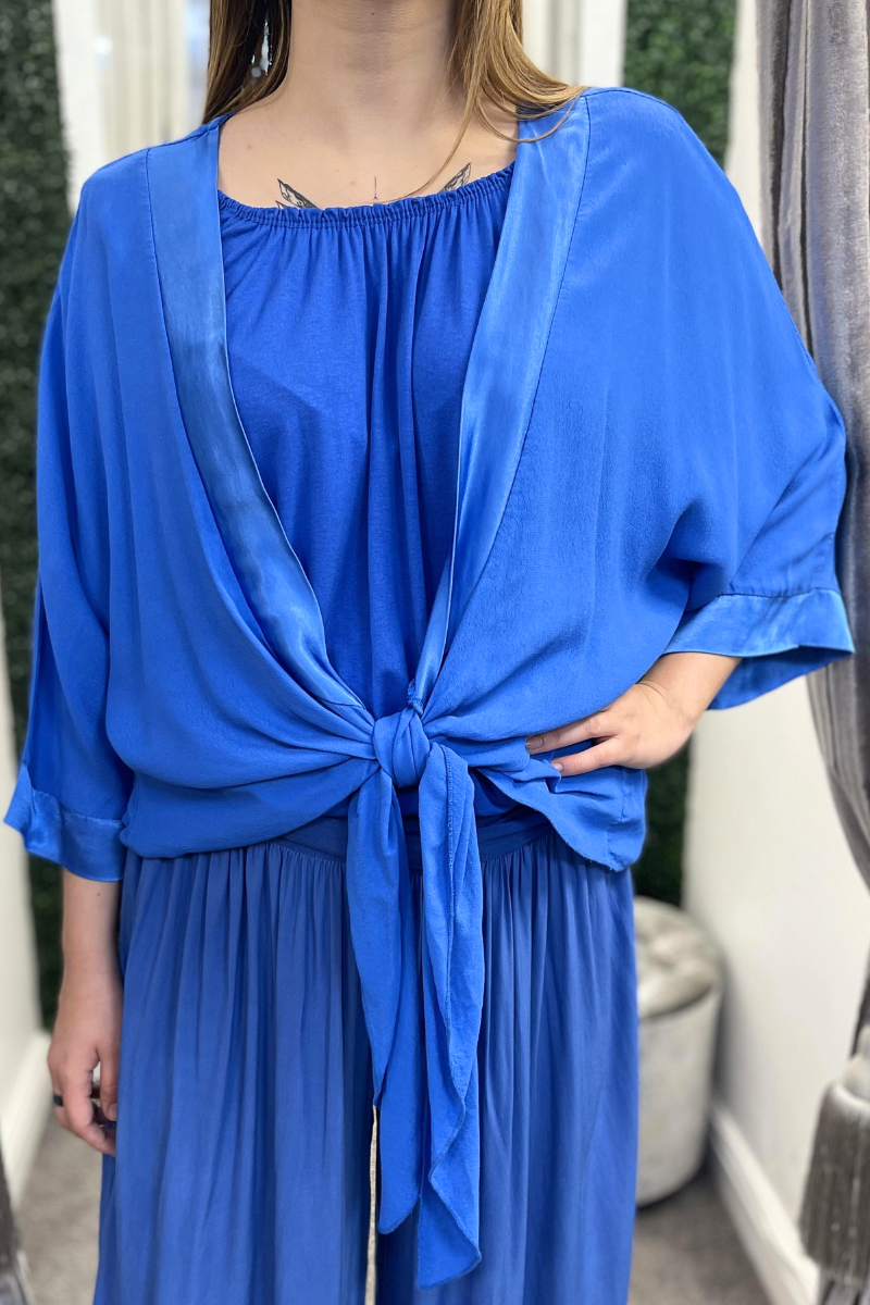 CAROLINE Tie Front Kimono - Royal Blue