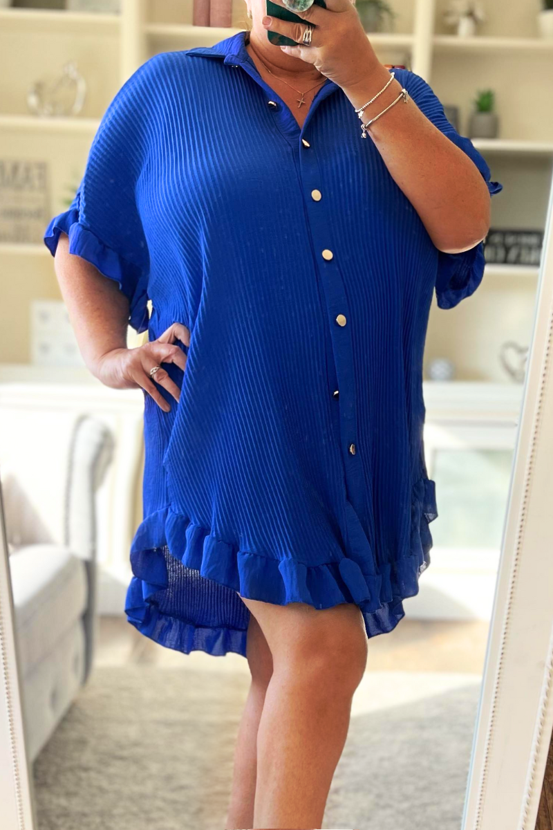 JADYN Plain Pleated Shirt Dress- Royal Blue