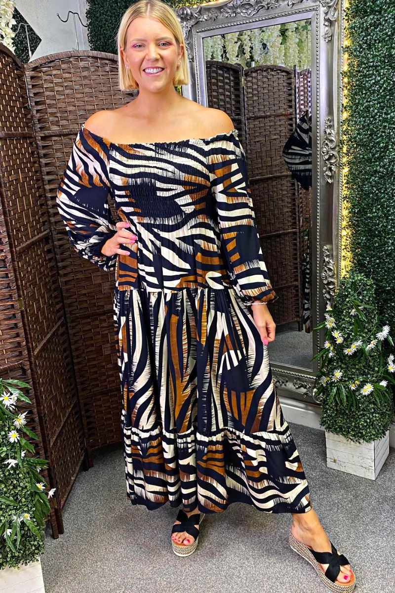JENNA Striped Bardot Maxi Dress - Black
