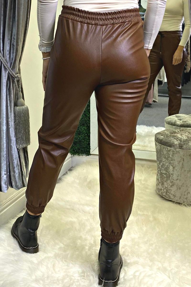 ALINA PU Plain Trousers - Brown