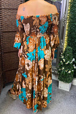 PORTIA Floral Bardot Maxi Dress - Brown