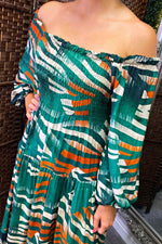 JENNA Striped Bardot Maxi Dress - Forest Green