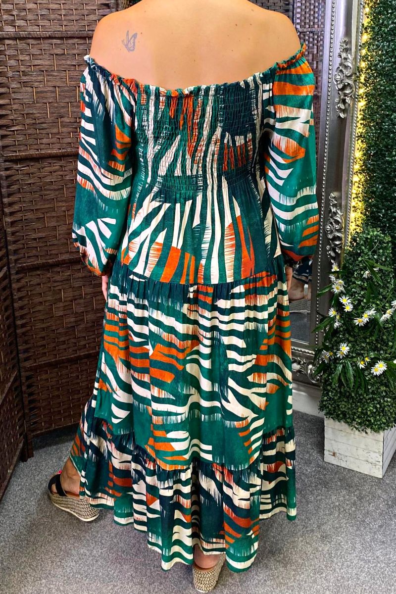 JENNA Striped Bardot Maxi Dress - Forest Green
