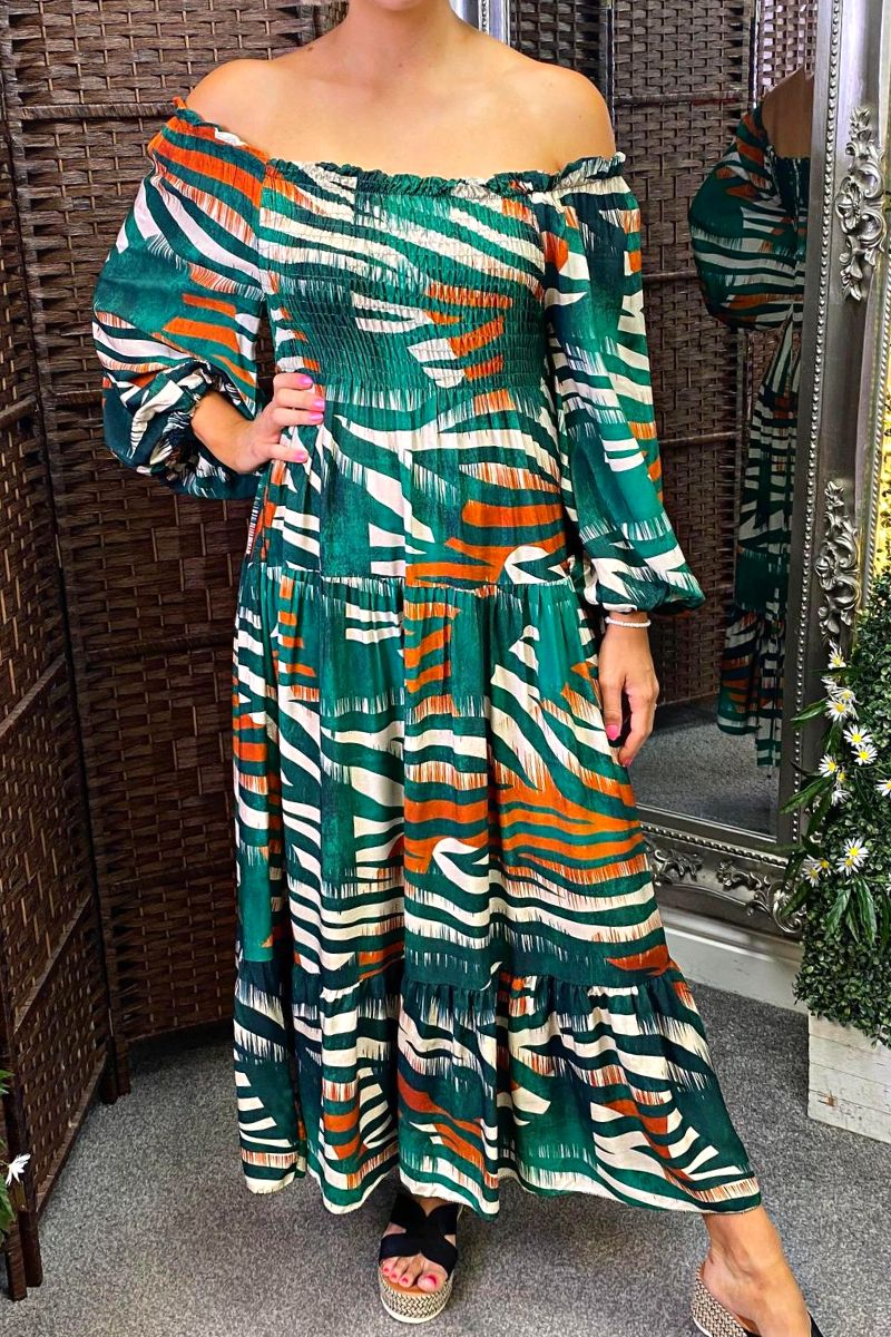 JENNA Striped Bardot Maxi Dress - Forest Green