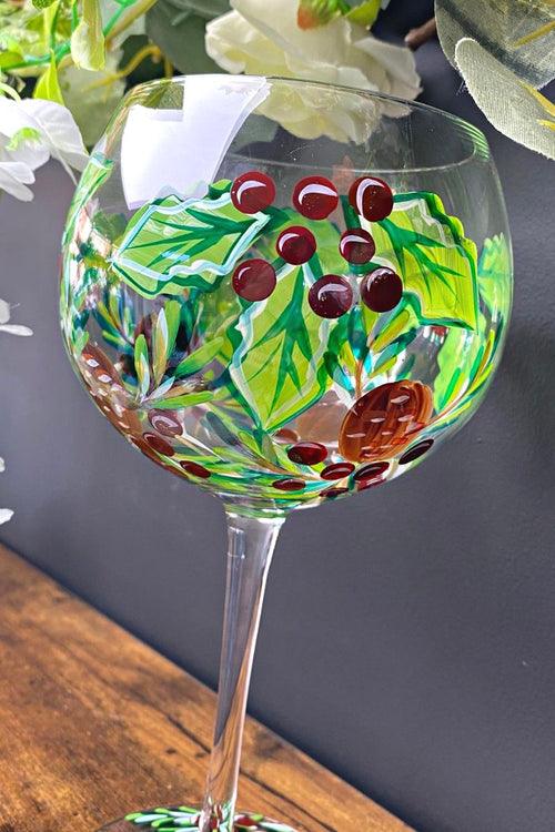 Holly & Berry Hand Painted Gin Glass