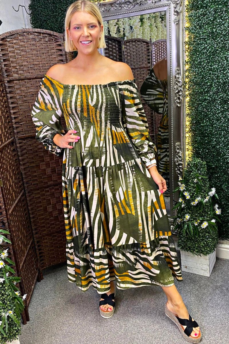 JENNA Striped Bardot Maxi Dress - Khaki