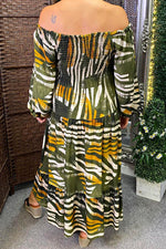 JENNA Striped Bardot Maxi Dress - Khaki
