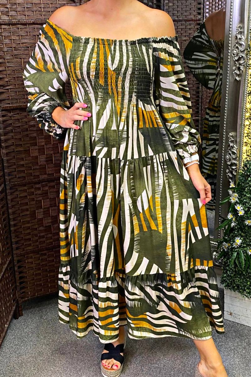 JENNA Striped Bardot Maxi Dress - Khaki