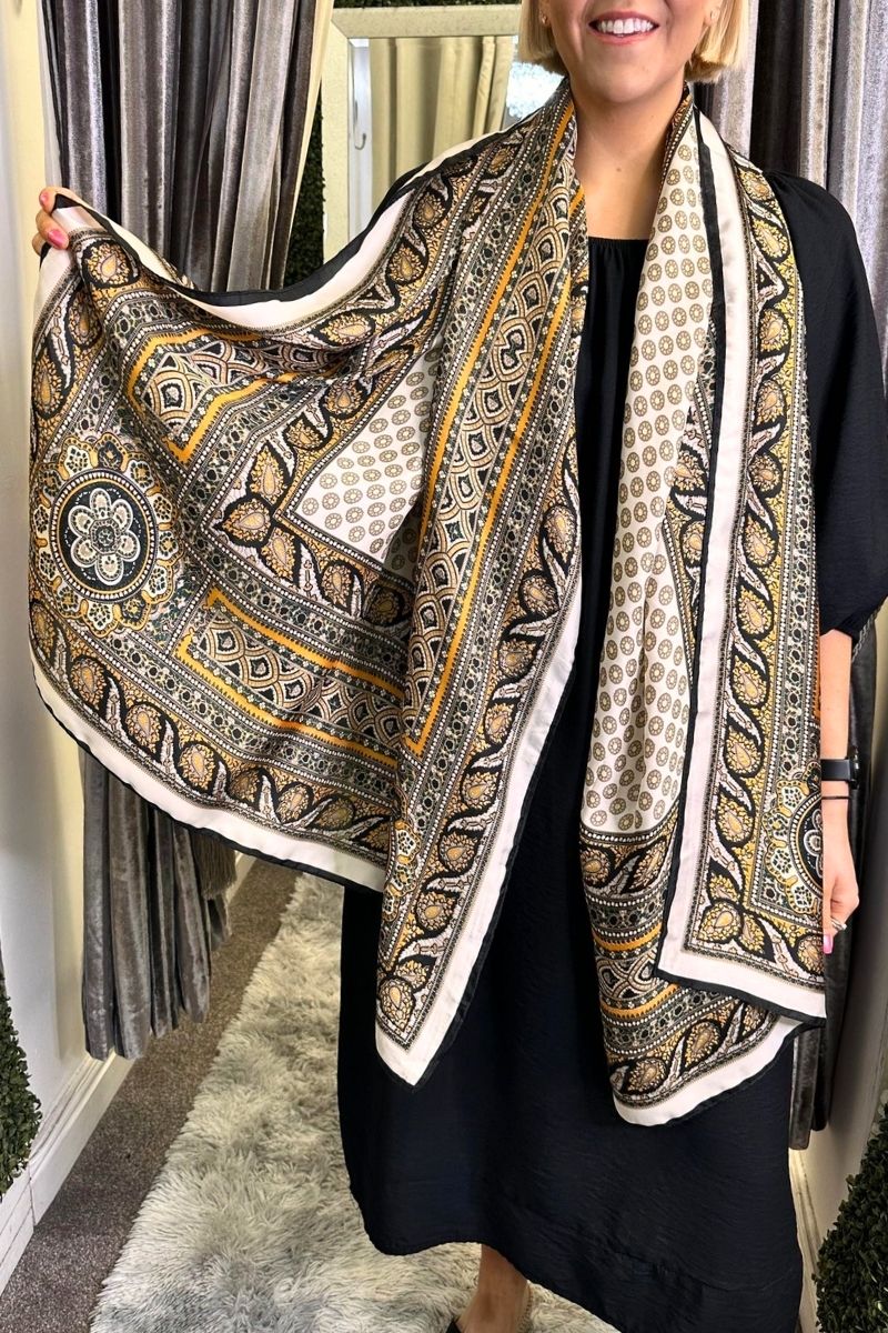 Mustard Floral Silk Scarf - C40