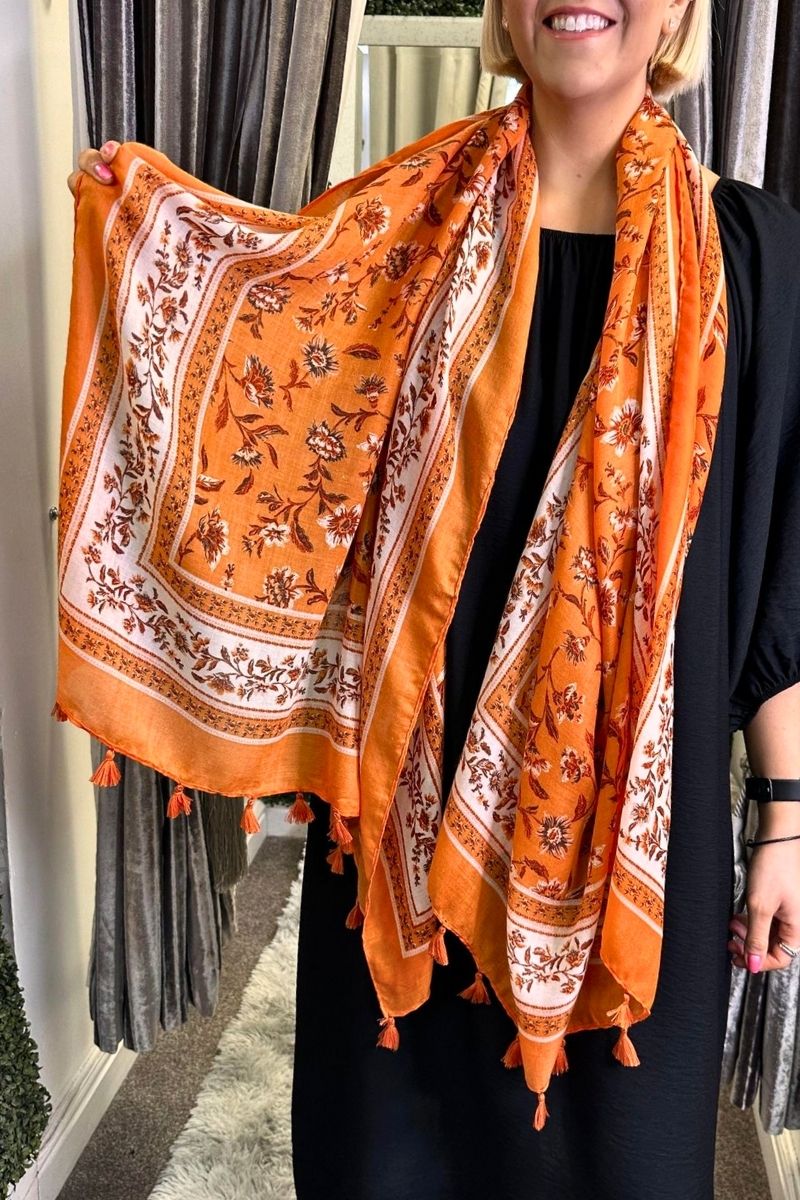 Orange Floral Tassel Scarf - C39 (NO RETURNS)