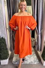 KRISTA Off-Shoulder Pocket Dress - Orange