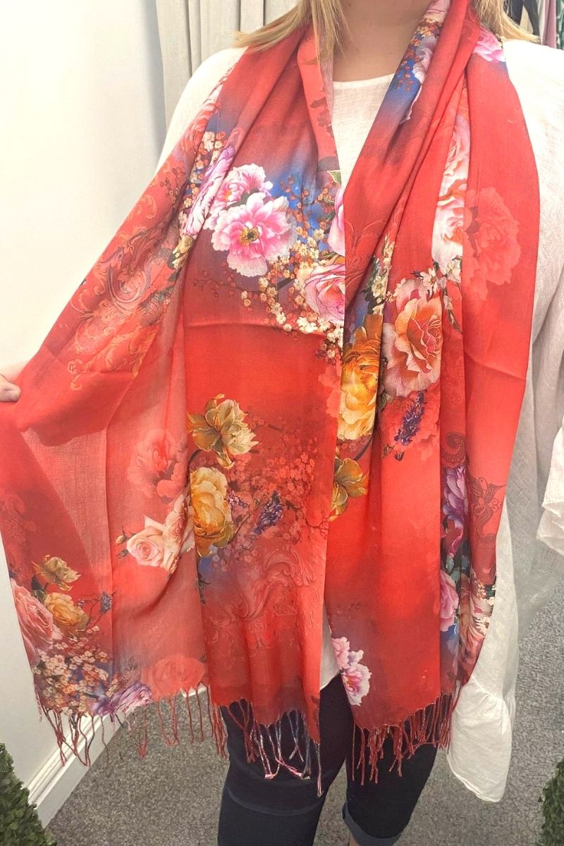 Red Floral Scarf - C13 (NO RETURN)