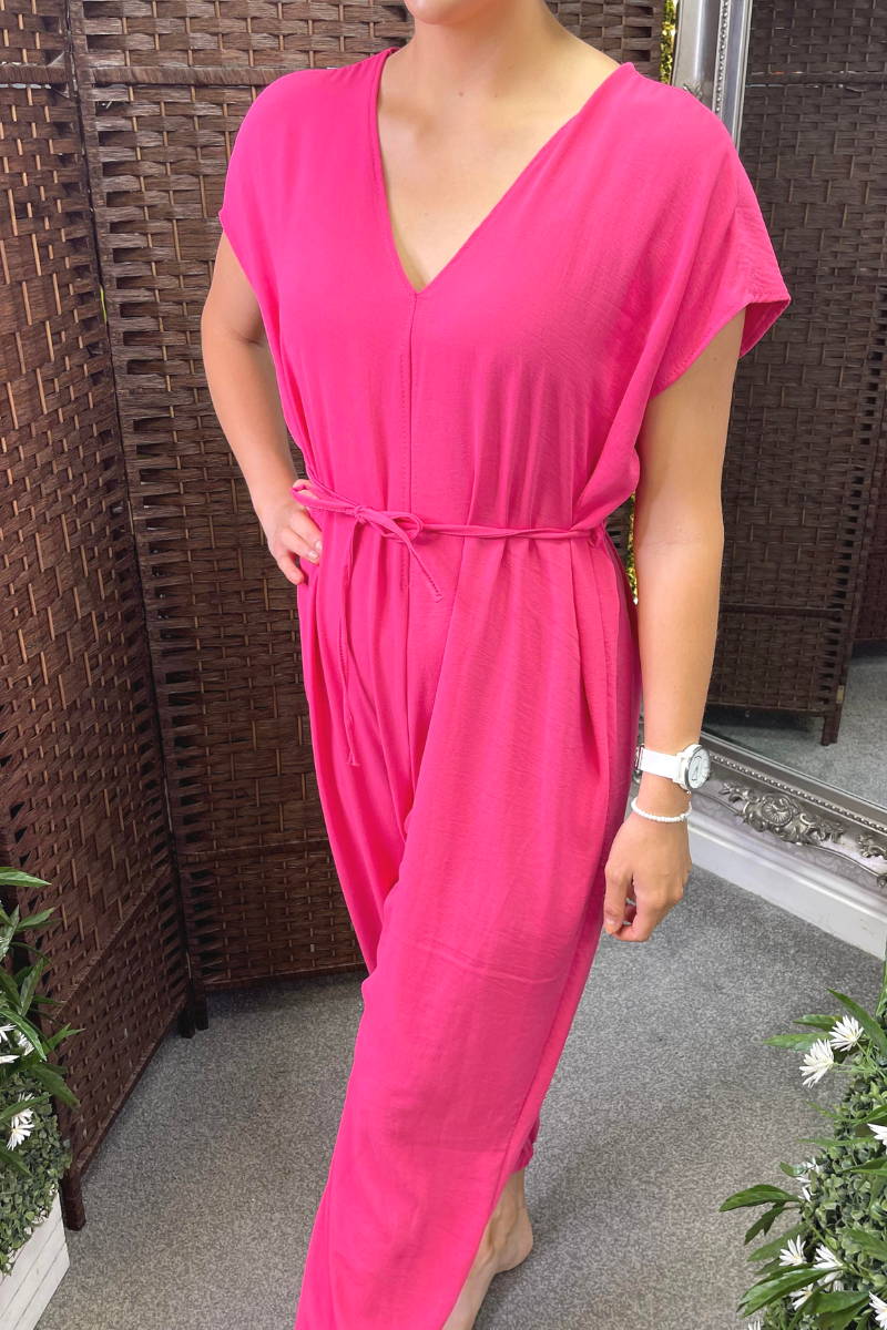 JOANNE V Neck Jumpsuit - Fuchsia